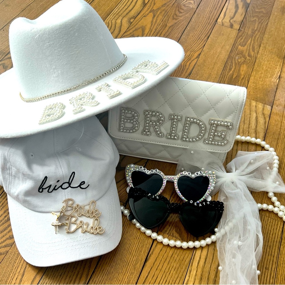 Bride Bachelorette Bundle - purse, hats, sunglasses, earrings, & bow!